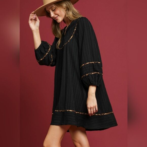 Umgee USA Umgee Ribbed Oversized Babydoll Dress Leopard Trim Sz  Md [6/8] - Picture 11 of 12